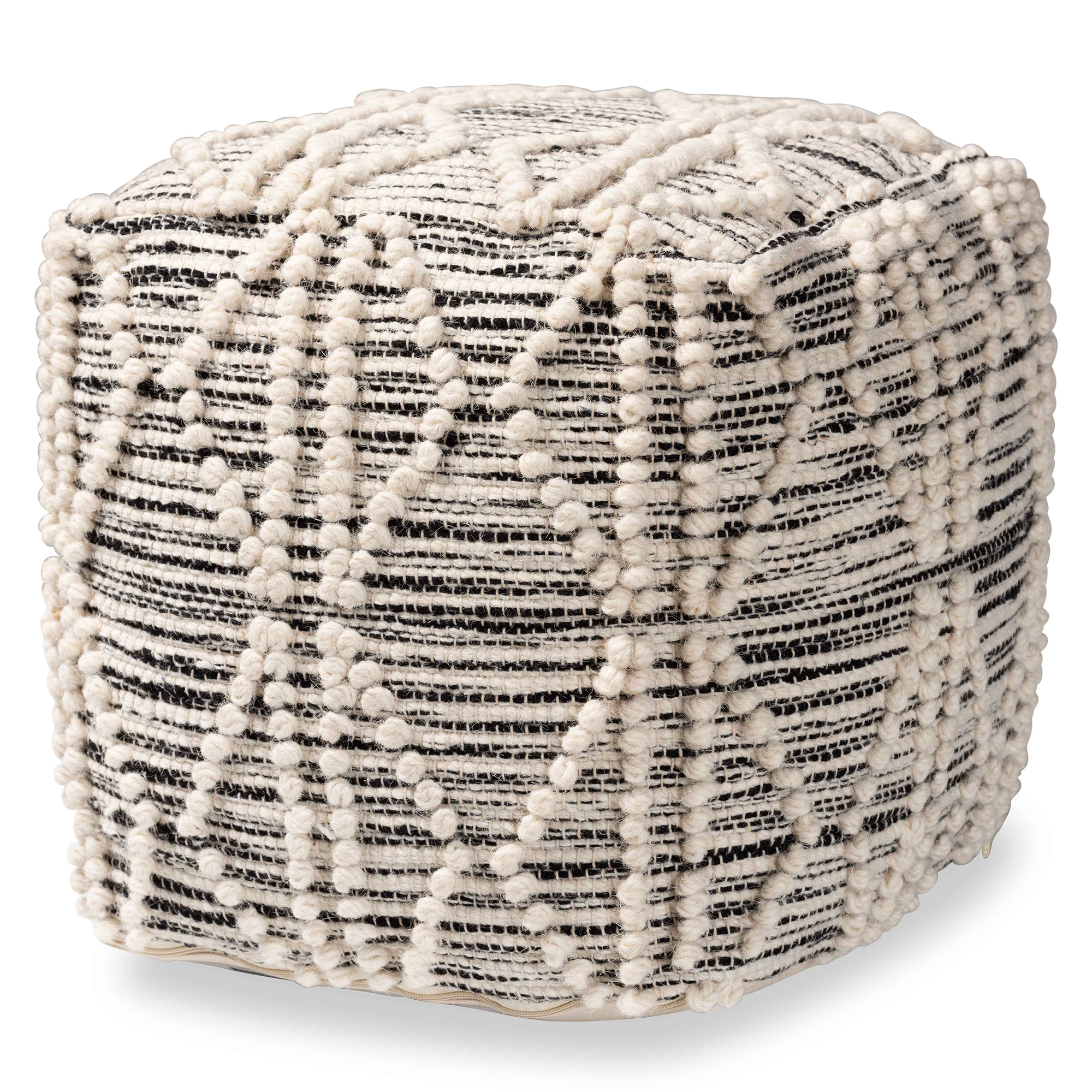Baxton Studio Sentir Modern and Contemporary Moroccan Inspired Ivory and Black Handwoven Wool Blend Pouf Ottoman